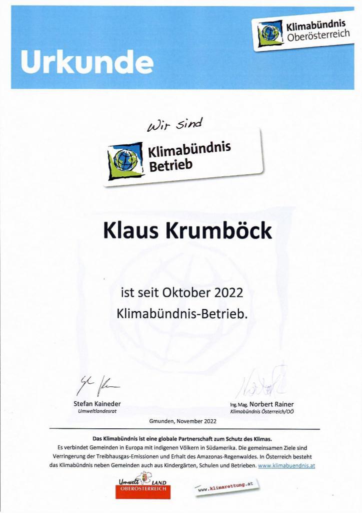 Urkunde Klaus Krumböck ist Klimabündnis Betrieb. 